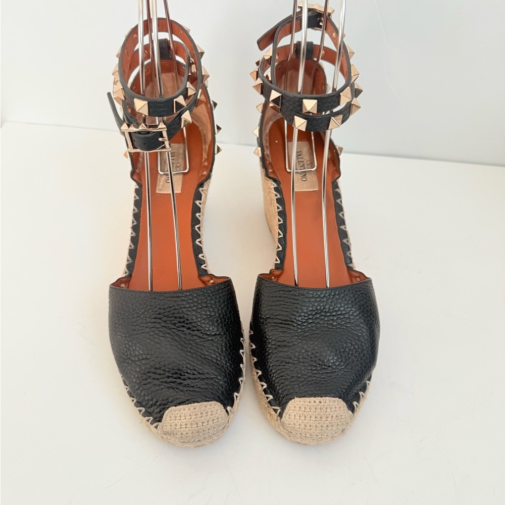 Valentino Garavani Black Leather Espadrille Wedge Sandals with Gold Studs